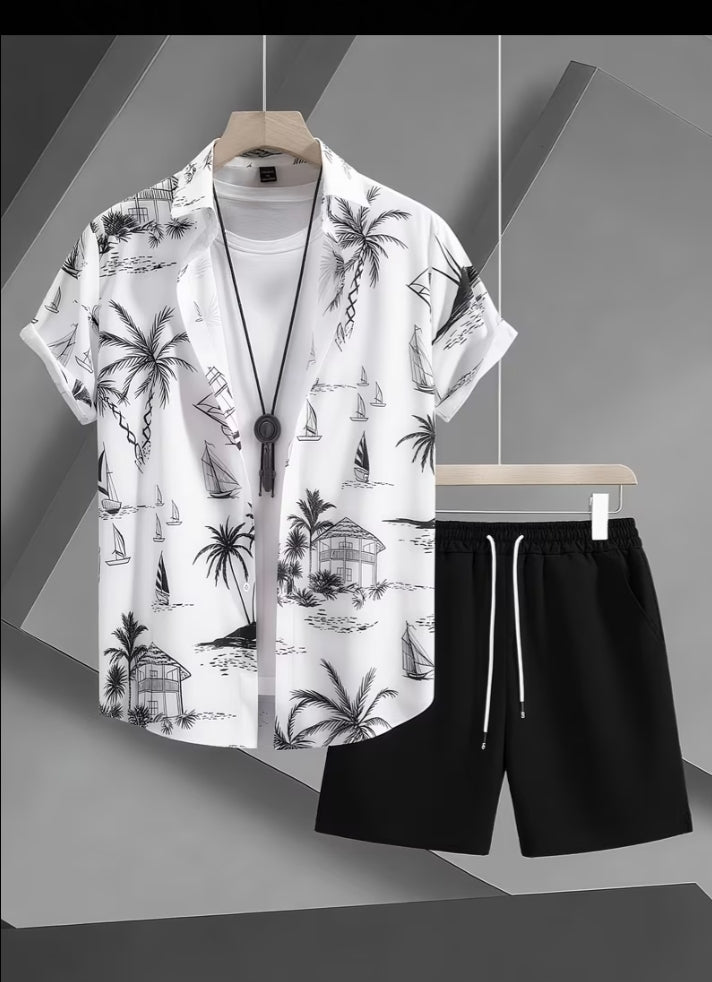 Compleu Bărbați Vară 2 Piese - Cămașă Hawaiian + Pantaloni Scurți