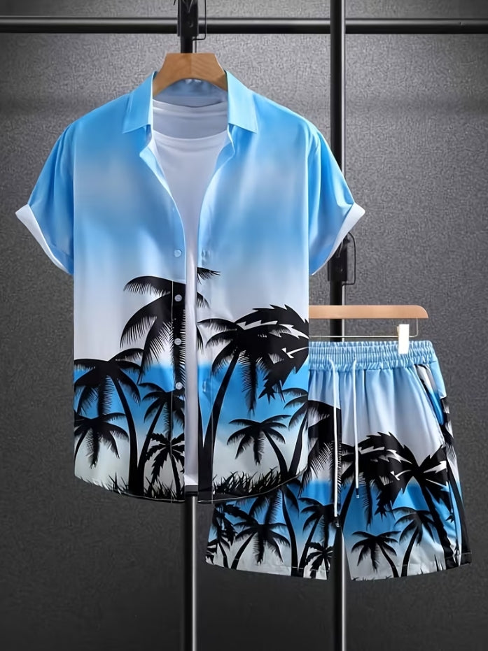 Compleu Bărbați Vară 2 Piese - Cămașă + Pantaloni Scurți Print Palmieri Albastru