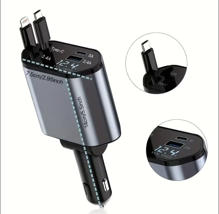 Încărcător Auto Rapid 4-în-1 Stil Marin - Cabluri Retractabile USB-C + Lightning + Afișaj LED