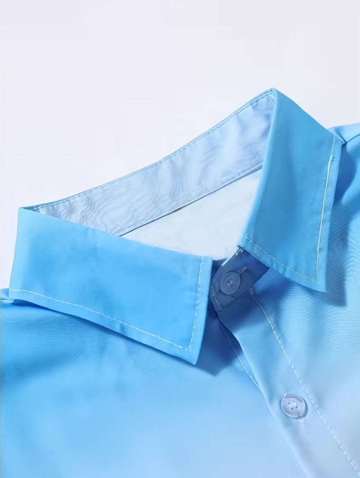 Compleu Bărbați Vară 2 Piese - Cămașă + Pantaloni Scurți Print Palmieri Albastru