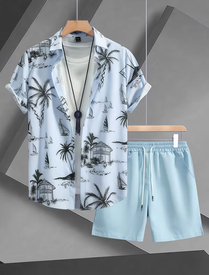 Compleu Bărbați Vară 2 Piese - Cămașă Hawaiian + Pantaloni Scurți