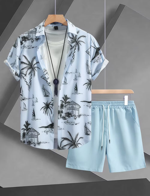 Compleu Bărbați Vară 2 Piese - Cămașă Hawaiian + Pantaloni Scurți