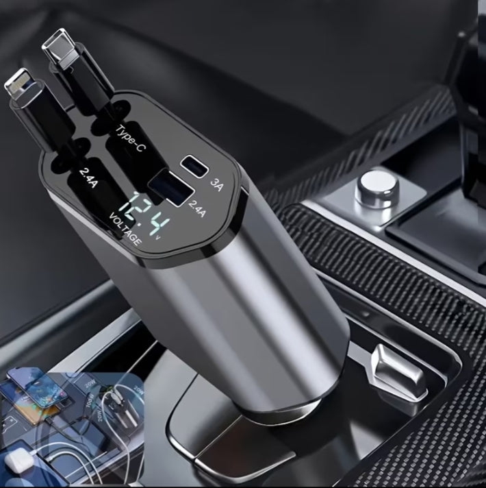 Încărcător Auto Rapid 4-în-1 Stil Marin - Cabluri Retractabile USB-C + Lightning + Afișaj LED