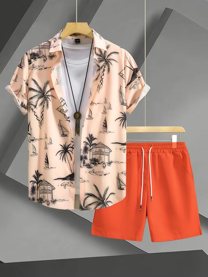 Compleu Bărbați Vară 2 Piese - Cămașă Hawaiian + Pantaloni Scurți
