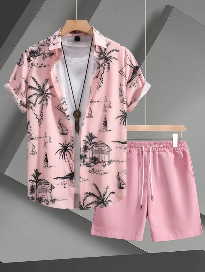 Compleu Bărbați Vară 2 Piese - Cămașă Hawaiian + Pantaloni Scurți