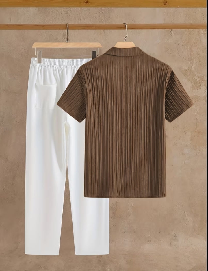 Compleu Bărbați Elegant Vară 2 Piese - Cămașă Plisată Pantaloni Albi Lejeri