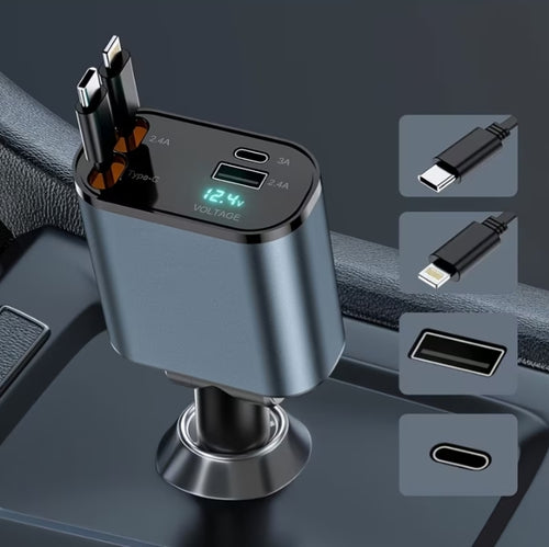 Încărcător Auto Rapid 4-în-1 Stil Marin - Cabluri Retractabile USB-C + Lightning + Afișaj LED