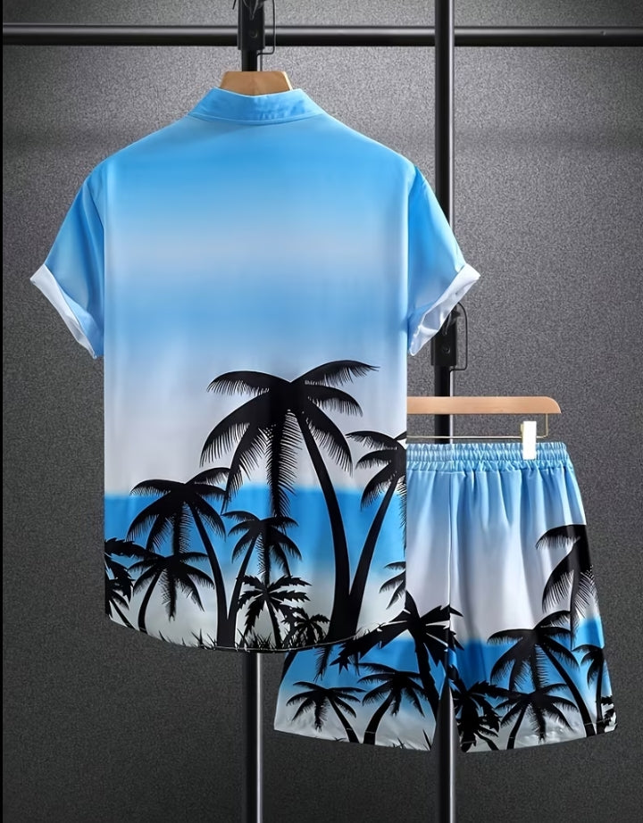 Compleu Bărbați Vară 2 Piese - Cămașă + Pantaloni Scurți Print Palmieri Albastru