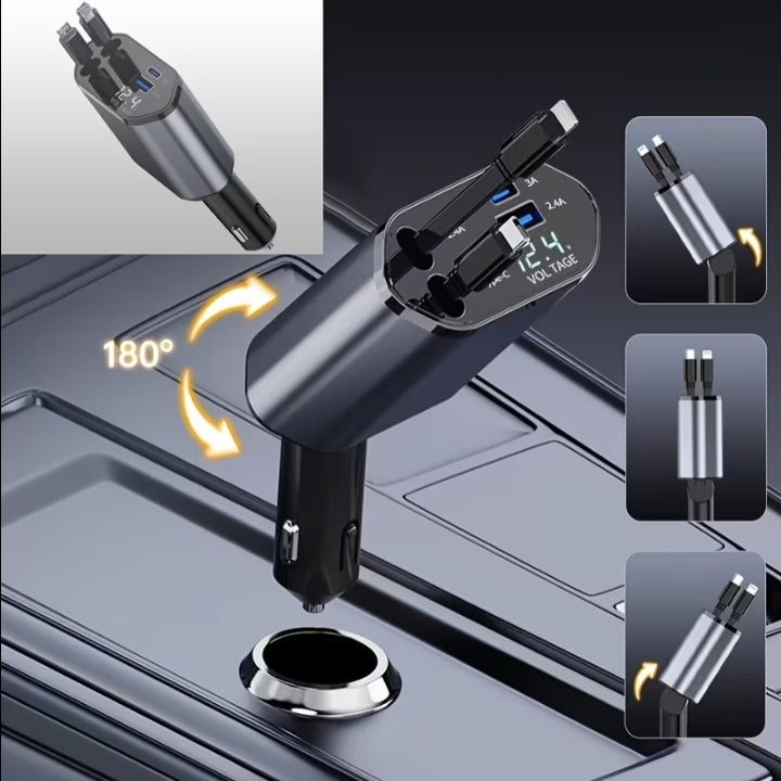 Încărcător Auto Rapid 4-în-1 Stil Marin - Cabluri Retractabile USB-C + Lightning + Afișaj LED