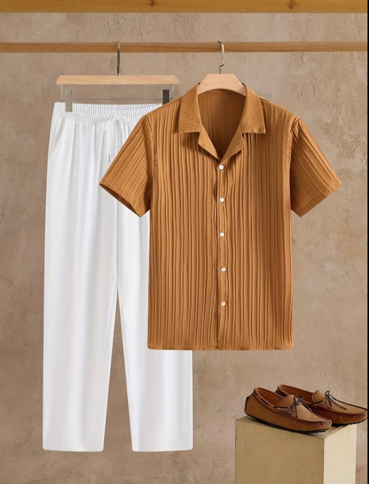 Compleu Bărbați Elegant Vară 2 Piese - Cămașă Plisată Pantaloni Albi Lejeri
